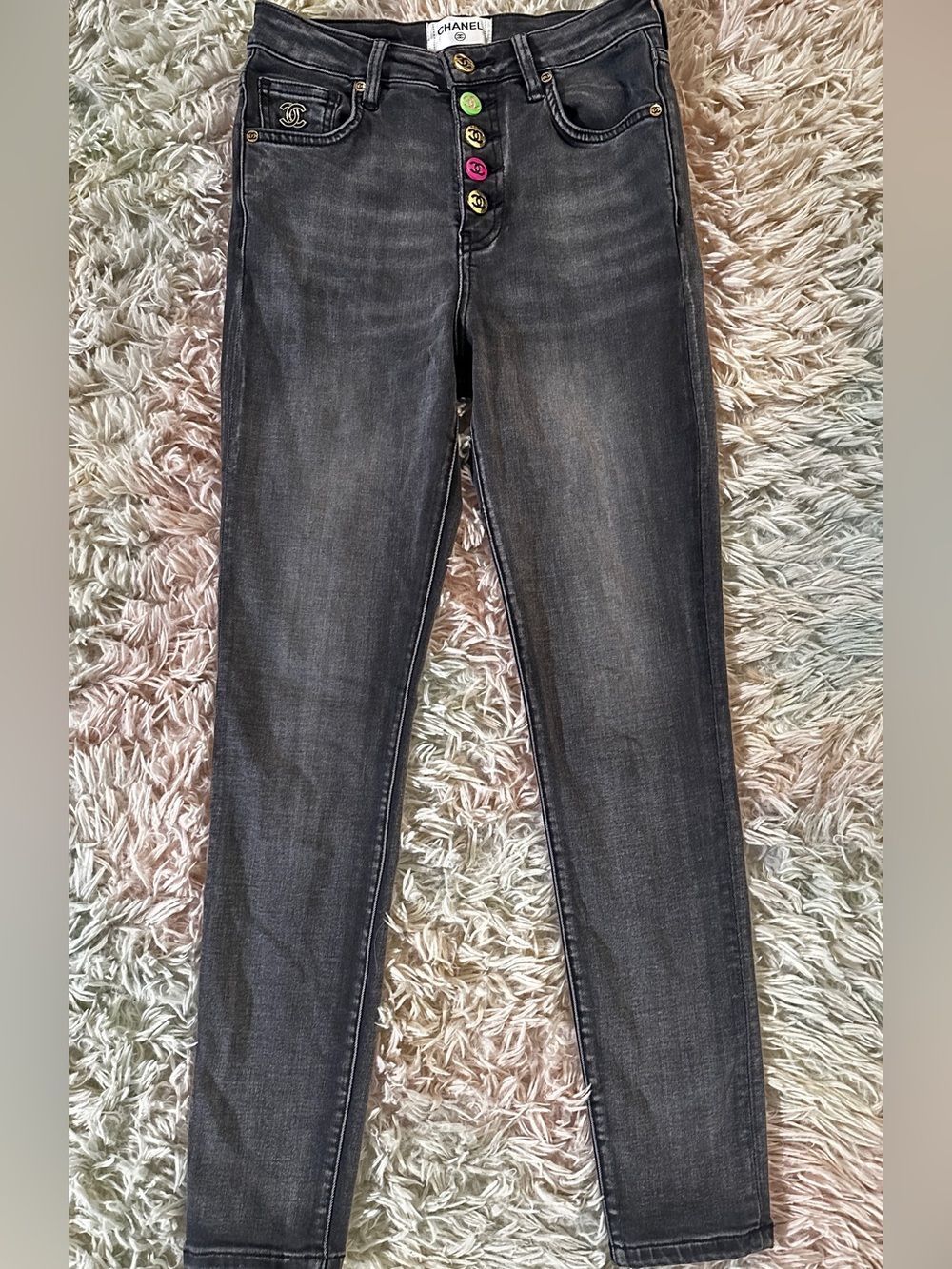 Chanel Gray Skinny High Rise Jeans with Signature Colored Buttons